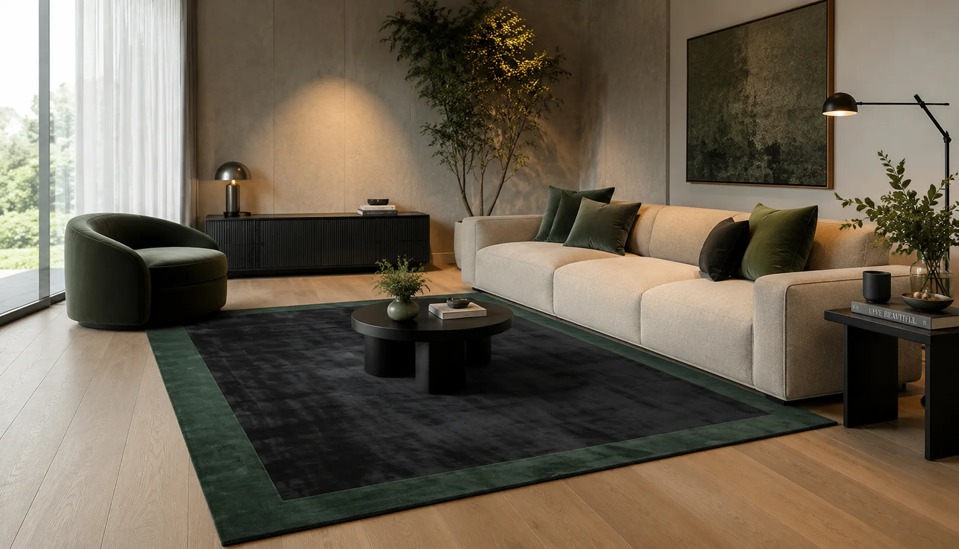 Jet Black Art Silk Rug with Opal Green Border