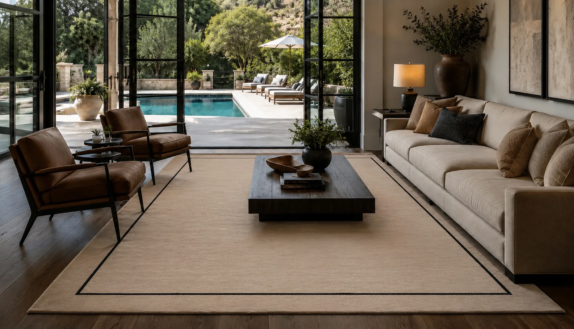 Sand White Wool Rug with Jet Black Art Silk Inset Border